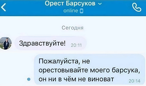 Орест Барсуков ~ online
– Здравствуйте!
– Пожалуйста, не орестовывайте моего барсука, он ни в чём не виноват.