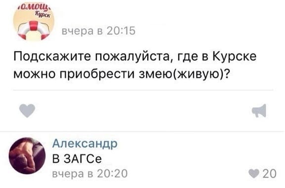 – Подскажите пожалуйста, где в Курске можно приобрести змею (живую)?
– В ЗАГСе.