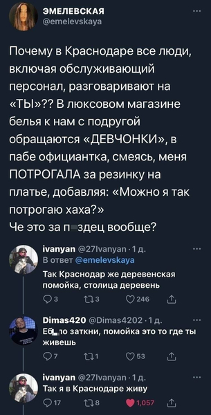 – Почему в Краснодаре все люди, включая обслуживающий персонал, разговаривают на «ТЫ»?? В люксовом магазине белья к нам с подругой обращаются «ДЕВЧОНКИ», в пабе официантка, смеясь, меня ПОТРОГАЛА за резинку на платье, добавляя: «Можно я так потрогаю хаха?» Че это за п*здец вообще?
– Так Краснодар же деревенская помойка, столица деревень.
– Е6*ло заткни, помойка это то где ты живешь.
– Так я в Краснодаре живу.