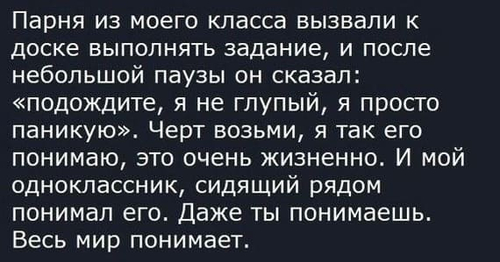 Парня из моего класса вызвали к доске выполнять задание, и после небольшой паузы он сказал: «подождите, я не глупый, я просто паникую». Черт возьми, я так его понимаю, это очень жизненно. И мой одноклассник, сидящий рядом понимал его. Даже ты понимаешь. Весь мир понимает.