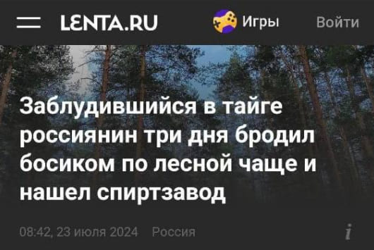 Заблудившийся в тайге россиянин три дня бродил босиком по лесной чаще и нашел спиртзавод.