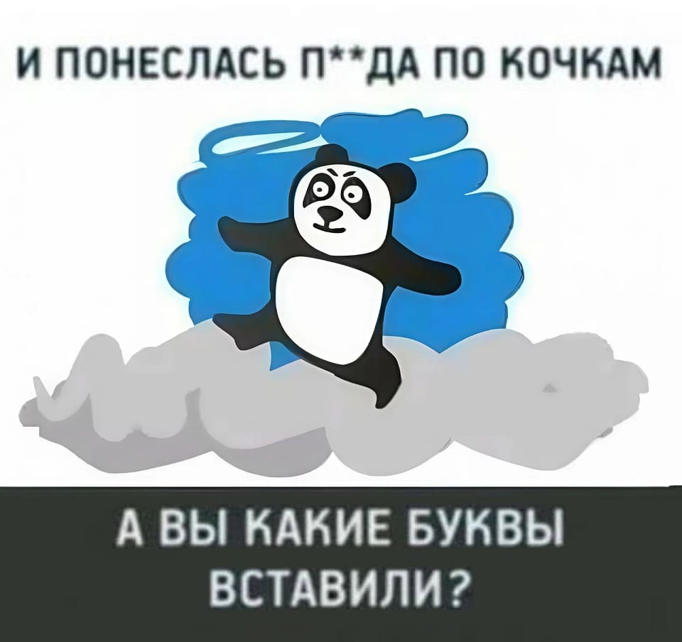 И ПОНЕСЛАСЬ П**ДА ПО КОЧКАМ...
*ПАНДА*
А ВЫ КАКИЕ БУКВЫ ВСТАВИЛИ?