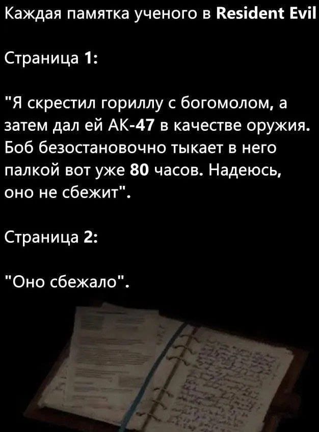 Каждая памятка ученого в Resident Evil
Страница 1:
«Я скрестил гориллу с богомолом, а затем дал ей АК-47 в качестве оружия. Боб безостановочно тыкает в него палкой вот уже 80 часов. Надеюсь, оно не сбежит».
Страница 2:
«Оно сбежало».