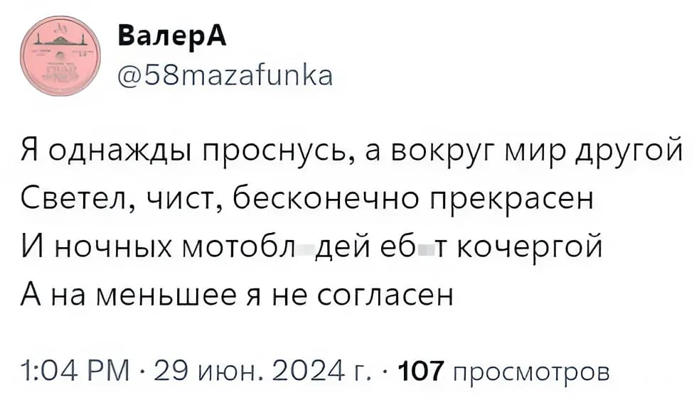 Я однажды проснусь, а вокруг мир другой
Светел, чист, бесконечно прекрасен
И ночных мотобл*дей еб*т кочергой
А на меньшее я не согласен