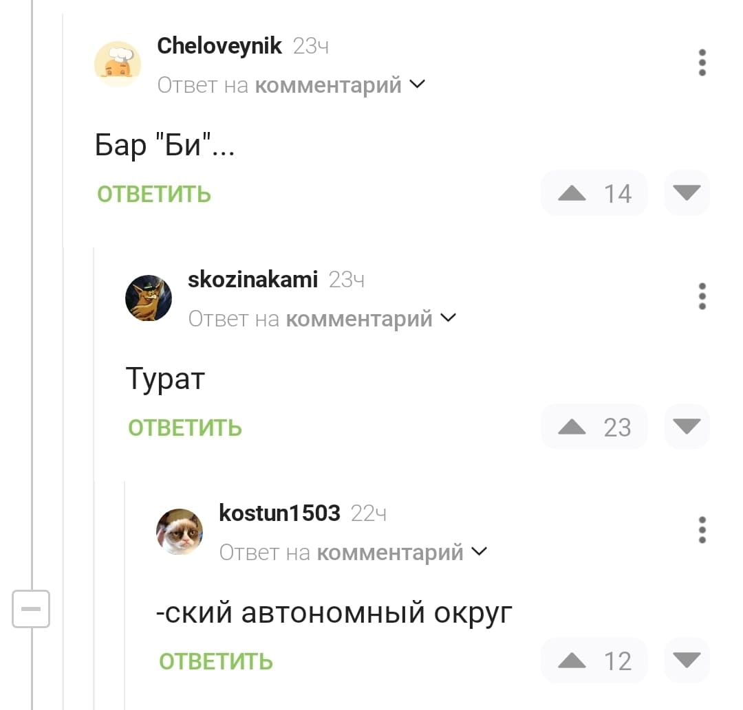 – Бар «Би»...
– Турат.
–ский автономный округ.