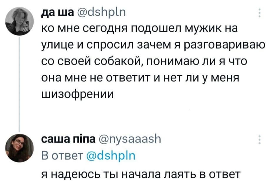 – Ко мне сегодня подошёл мужик на улице и спросил, зачем я разговариваю со своей собакой, понимаю ли я, что она мне не ответит и нет ли у меня шизофрении. 
– Я надеюсь, ты начала лаять в ответ.