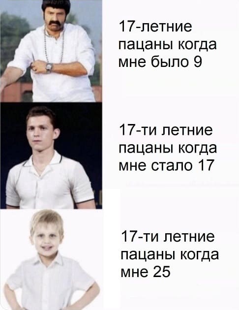 17-летние пацаны когда мне было 9.
17-ти летние пацаны когда мне стало 17.
17-ти летние пацаны когда мне 25.