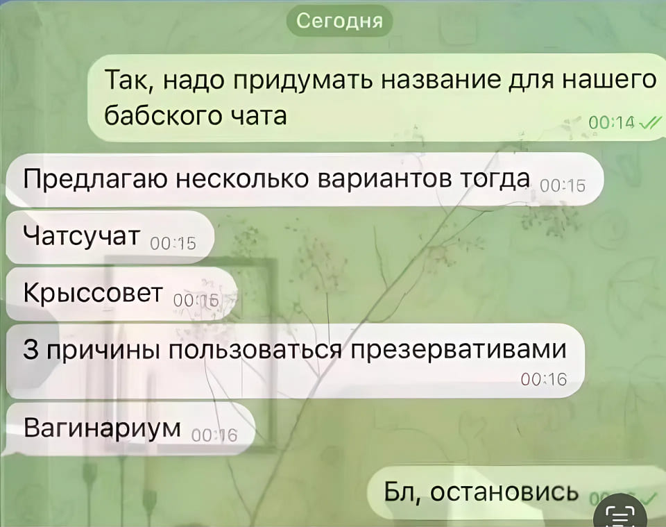 – Так, надо придумать название для нашего бабского чата.
– Предлагаю несколько вариантов тогда: «Чатсучат», «Крыссовет», «3 причины пользоваться презервативами», «Вагинариум».
– Бл, остановись.