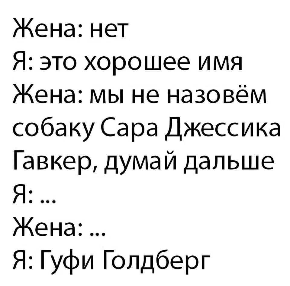 Жена:
– Нет.
Муж:
– Это хорошее имя.
Жена:
– Мы не назовём собаку Сара Джессика Гавкер, думай дальше.
Муж:
– ...
Жена:
– ...
Муж:
– Гуфи Голдберг!