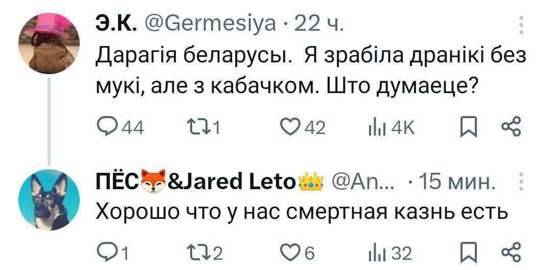 – Дарапя беларусы. Я зрабта дранiKi без мую, але з кабачком. Што думаеце?
– Хорошо что у нас смертная казнь есть.