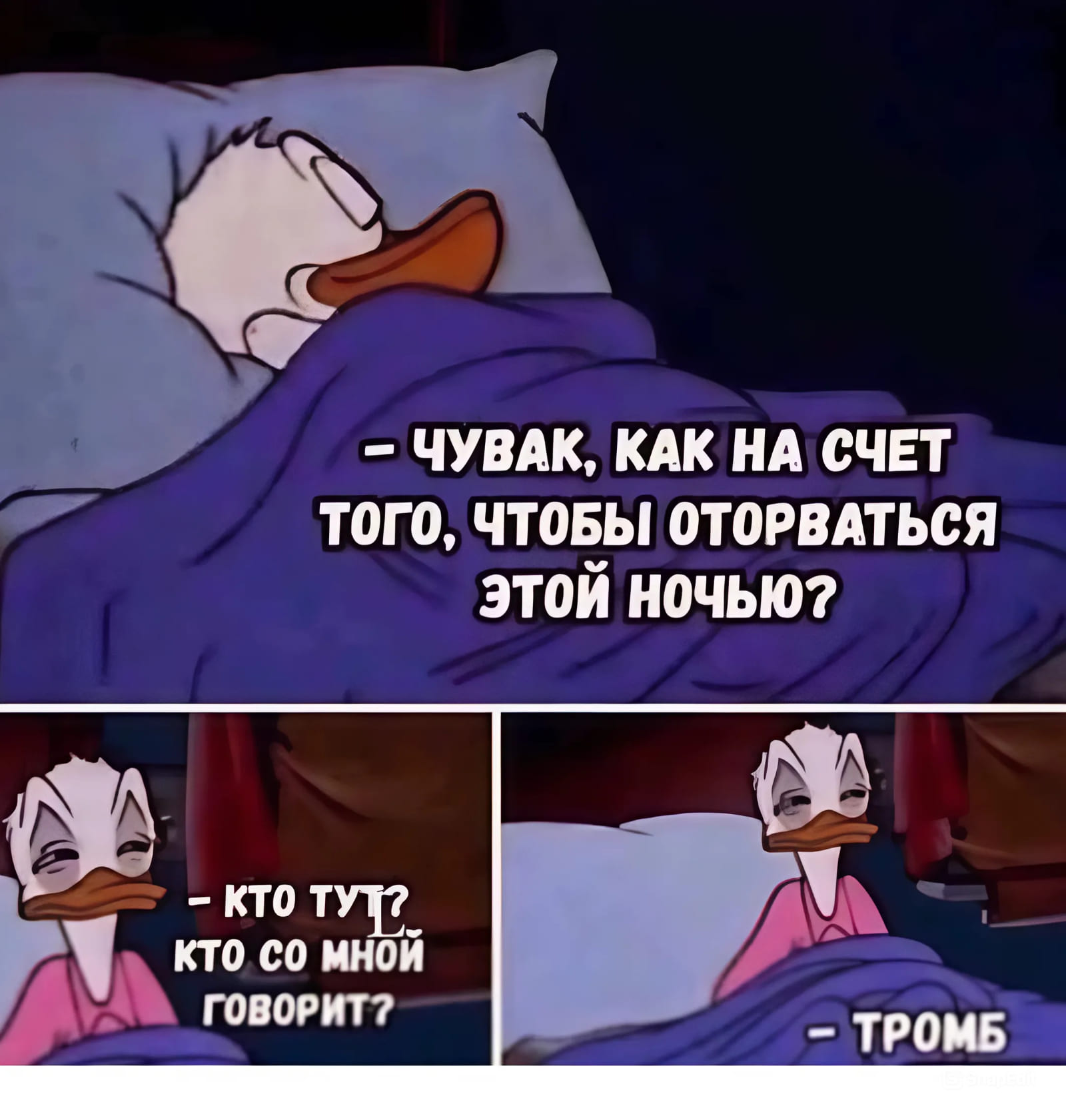 – Чувак, как насчёт того, чтобы оторваться этой ночью?
– Кто тут? Кто со мной говорит?
– Тромб.