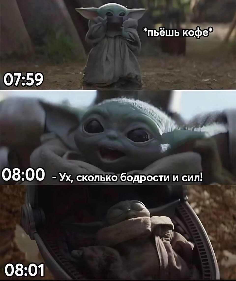 07:59 – *Пьёшь кофе*
08:00 – *Ух, сколько бодрости и сил!*
08:01 – *Засыпаешь*