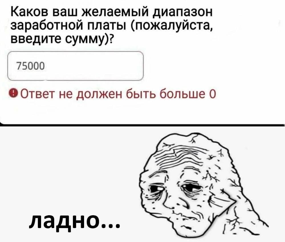 Каков ваш желаемый диапазон заработной платы (пожалуйста, введите сумму)?
75000.
• Ответ не должен быть больше 0.
– Ладно...