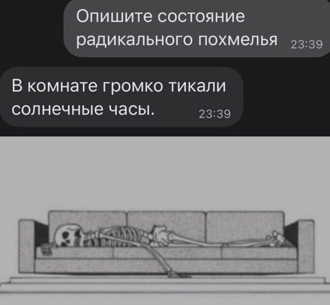 – Опишите состояние радикального похмелья.
– В комнате громко тикали солнечные часы.