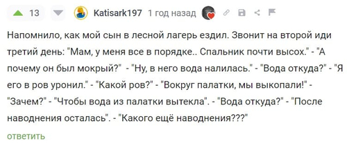 Напомнило, как мой сын в лесной лагерь ездил. Звонит на второй иди третий день: «Мам, у меня все в порядке.. Спальник почти высох.» – «А почему он был мокрый?» – «Ну, в него вода налилась.» – «Вода откуда?» – «Я его в ров уронил.» – «Какой ров?» – «Вокруг палатки, мы выкопали!» – «Зачем?» – «Чтобы вода из палатки вытекла». – «Вода откуда?» – «После наводнения осталась». – «Какого ещё наводнения???».