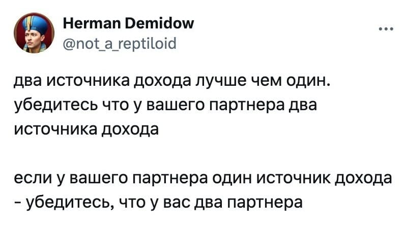 Два источника дохода лучше чем один, убедитесь что у вашего партнера два источника дохода.
Если у вашего партнера один источник дохода — убедитесь, что у вас два партнёра.