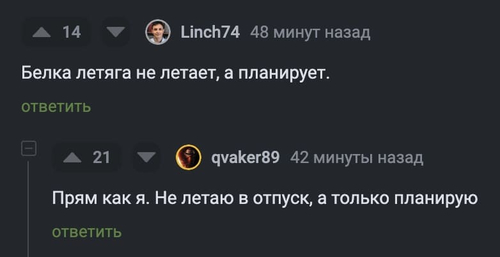 – Белка летяга не летает, а планирует.
– Прям как я. Не летаю в отпуск, а только планирую.