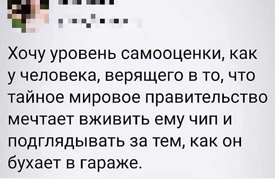 Хочу уровень самооценки, как у человека, верящего в то, что тайное мировое правительство мечтает вживить ему чип и подглядывать за тем, как он бухает в гараже.