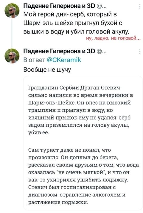 – Мой герой дня — серб, который в Шарм-эль-шейхе прыгнул бухой с вышки в воду и убил головой акулу. Ну, ладно, не головой...
– Вообще не шучу. Новость: Гражданин Сербии Драган Стевич сильно напился во время вечеринки в Шарм-эль-Шейхе. Он влез на высокий трамплин и прыгнул в воду, но изящный прыжок ему не удался: серб задом приземлился на голову акулы, убив её. Сам турист даже не понял, что произошло. Он доплыл до берега, рассказал своим друзьям о том, что вода оказалась «не очень мягкой», и что он как-то ухитрился ушибить лодыжку. Стевич был госпитализирован с диагнозом: отравление алкоголем и растяжение лодыжки.