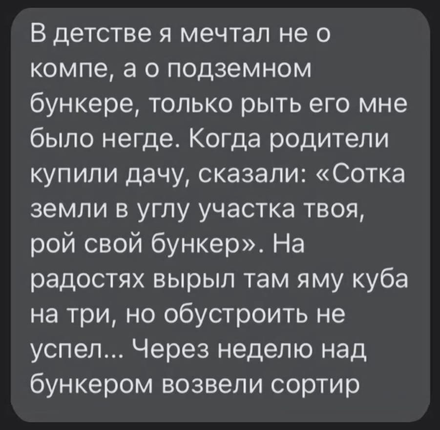 В детстве я мечтал не о компе, а о подземном бункере, только рыть его мне было негде. Когда родители купили дачу, сказали: «Сотка земли в углу участка твоя, рой свой бункер». На радостях вырыл там яму куба на три, но обустроить не успел... Через неделю над бункером возвели сортир.