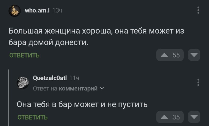 – Большая женщина хороша, она тебя может из бара домой донести.
– Она тебя в бар может и не пустить.