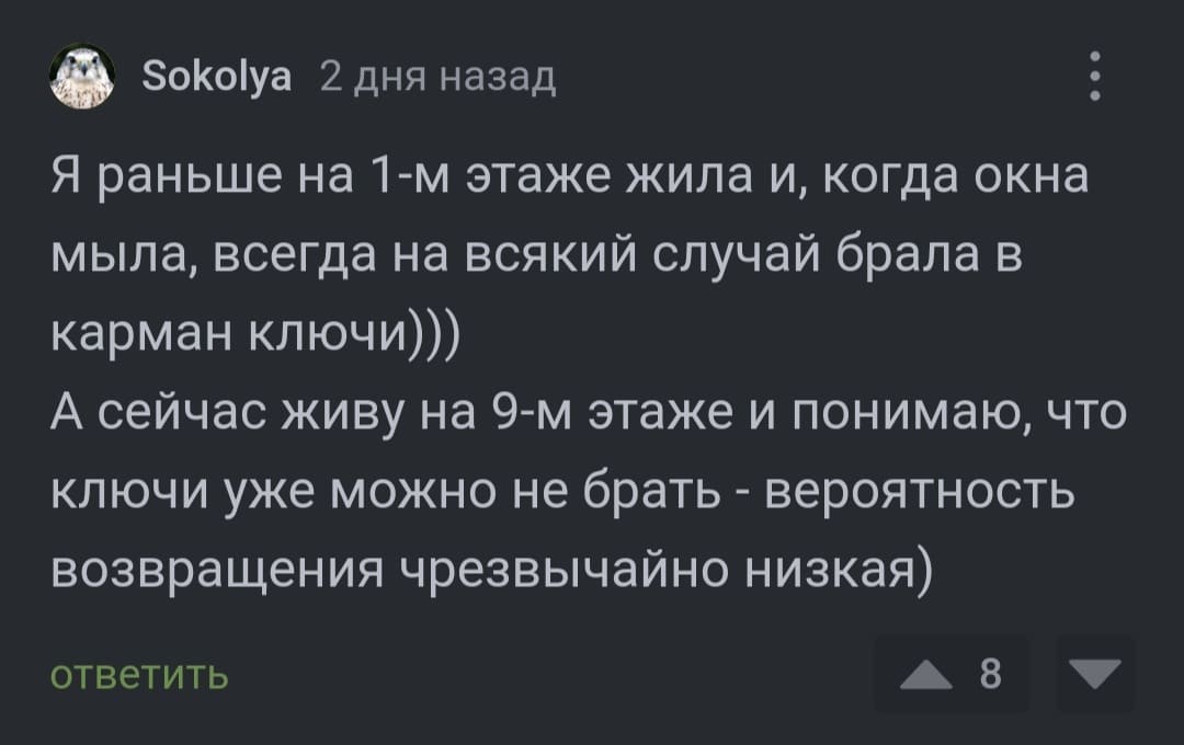 Я раньше на 1-м этаже жила и, когда окна мыла, всегда на всякий случай брала в карман ключи)))
А сейчас живу на 9-м этаже и понимаю, что ключи уже можно не брать - вероятность возвращения чрезвычайно низкая)