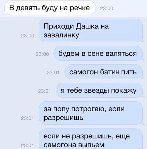 – В девять буду на речке.
– Приходи Дашка на 23:00 завалинку. Будем в сене валяться. Самогон батин пить, я тебе звёзды покажу. За попу потрогаю, если разрешишь. Если не разрешишь, еще самогона выпьем...