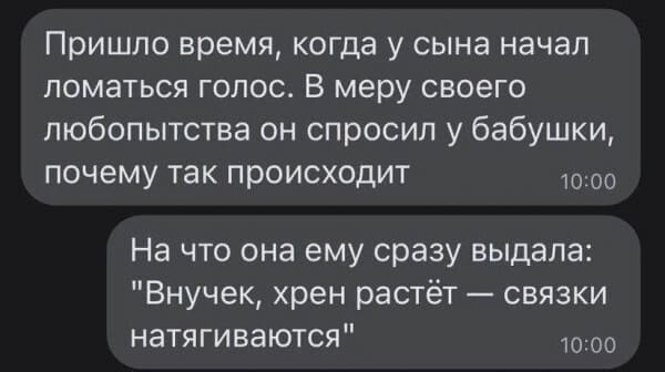 Пришло время, когда у сына начал ломаться голос. В меру своего любопытства он спросил у бабушки, почему так происходит.
На что она ему сразу выдала: «Внучек, хрен растёт — связки натягиваются».