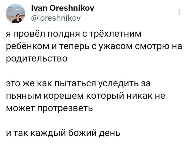 Я провёл полдня с трёхлетним ребёнком и теперь с ужасом смотрю на родительство.
Это же как пытаться уследить за пьяным корешем который никак не может протрезветь.
И так каждый божий день.