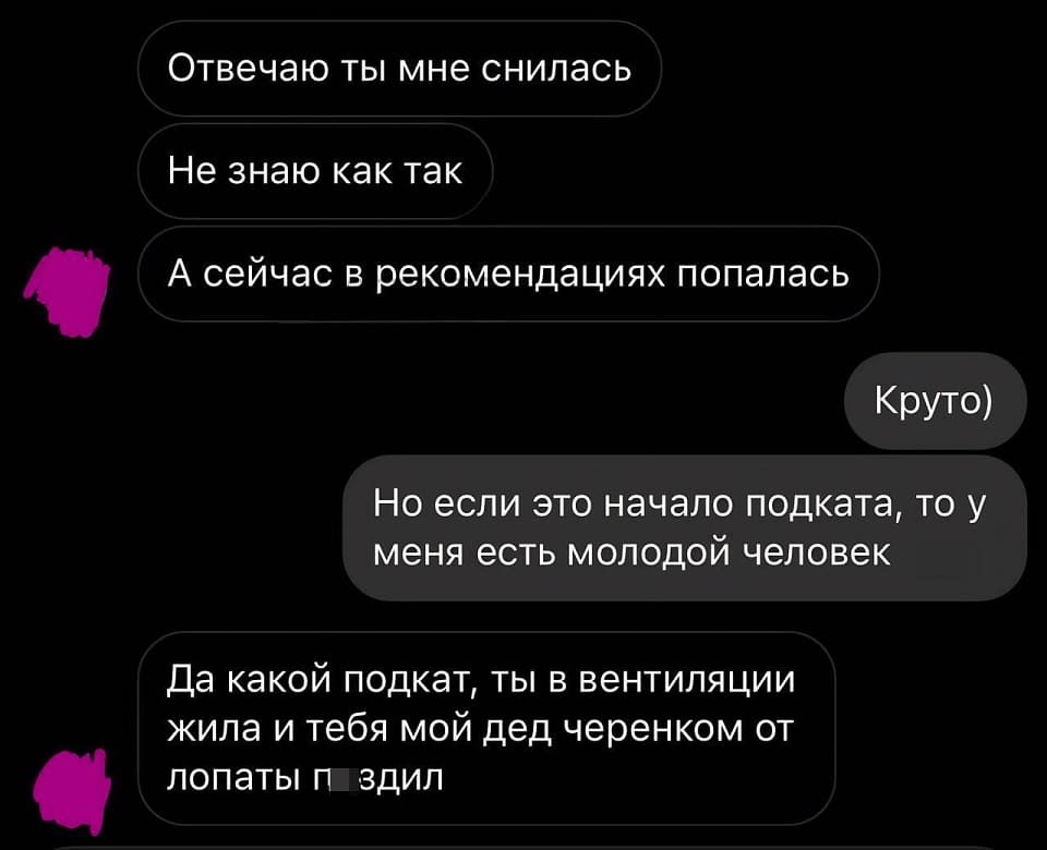 – Отвечаю ты мне снилась. Не знаю как так. А сейчас в рекомендациях попалась.
– Круто) Но если это начало подката, то у меня есть молодой человек.
– Да какой подкат, ты в вентиляции жила и тебя мой дед черенком от лопаты п*здил...