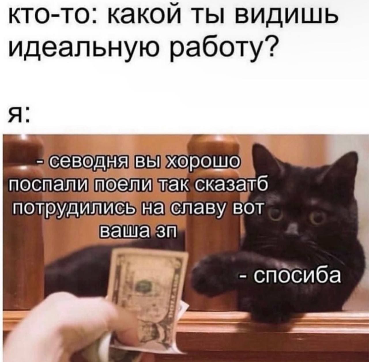 Кто-то: какой ты видишь идеальную работу?
Я: Сегодня вы хорошо поспали, поели, так сказать потрудились на славу, вот вам ваша зарплата. Спасибо.