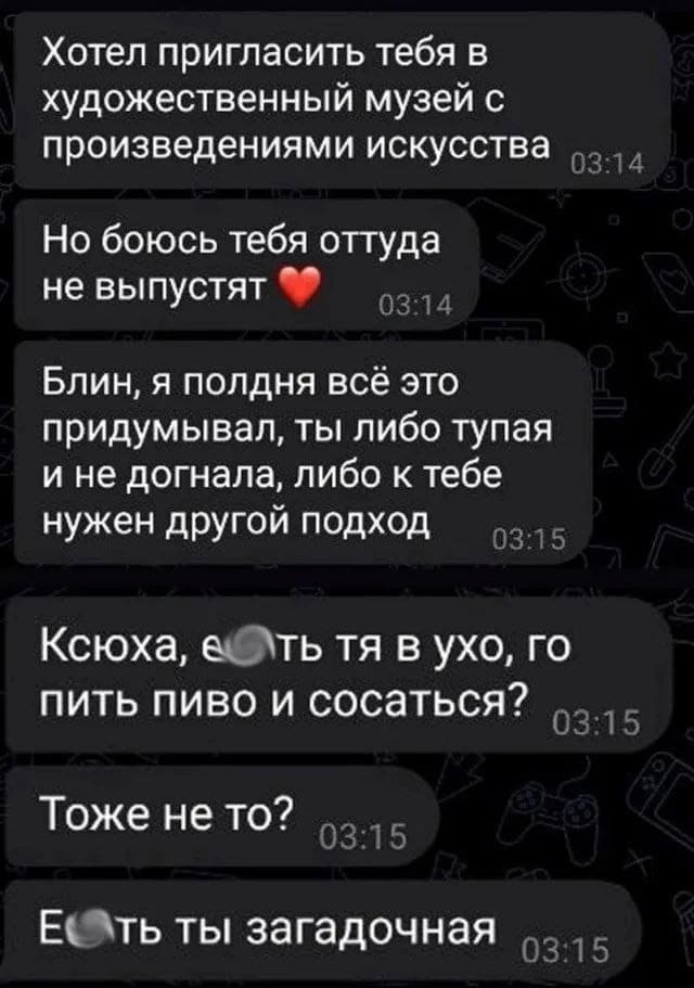 – Хотел пригласить тебя в художественный музей с произведениями искусства, но боюсь тебя оттуда не выпустят. Блин, я полдня всё это придумывал, ты либо тупая и не догнала, либо к тебе нужен другой подход. Ксюха, е*ть тя в ухо, го пить пиво и сосаться? Тоже не то? Е6*ть ты загадочная.