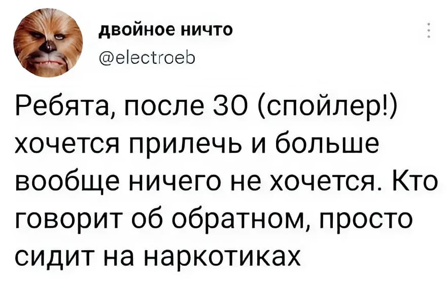 Ребята, после 30 (спойлер!) хочется прилечь и больше вообще ничего не хочется. Кто говорит об обратном, просто сидит на наркотиках.