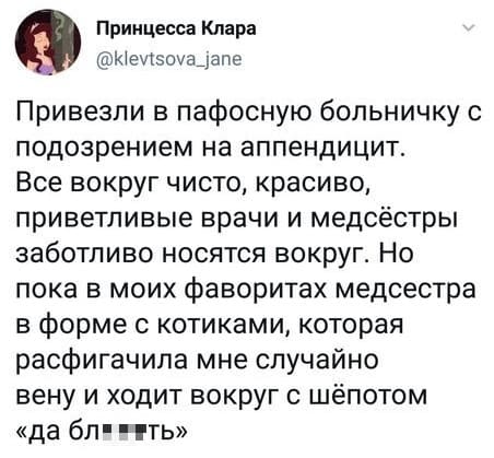 Привезли в пафосную больничку с подозрением на аппендицит. Все вокруг чисто, красиво, приветливые врачи и медсёстры заботливо носятся вокруг. Но пока в моих фаворитах медсестра в форме с котиками, которая расфигачила мне случайно вену и ходит вокруг с шёпотом «да бл***ть».