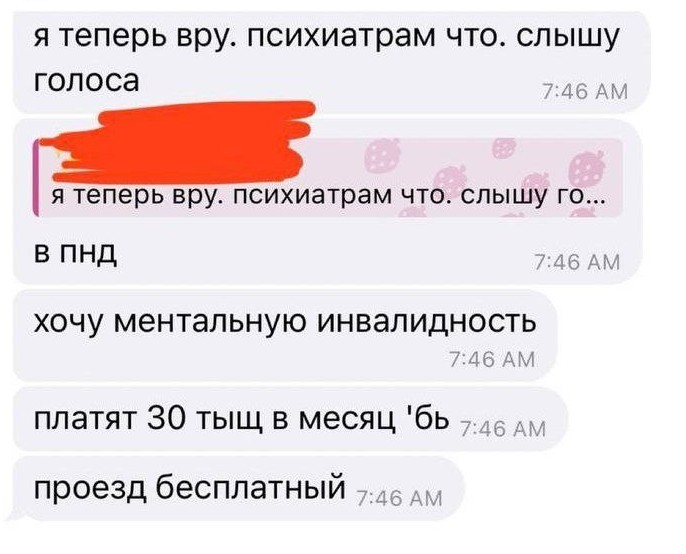 – Я теперь вру. Психиатрам. Что слышу голоса.
– В ПНД.
– Хочу ментальную инвалидность.
– Платят 30 тыщ в месяц.
– Проезд бесплатный.