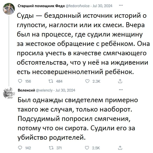 – Суды — бездонный источник историй о глупости, наглости или их смеси. Вчера был на процессе, где судили женщину за жестокое обращение с ребёнком. Она просила учесть в качестве смягчающего обстоятельства, что у неё на иждивении есть несовершеннолетний ребёнок.
– Был однажды свидетелем примерно такого же случая, только наоборот. Подсудимый попросил смягчения, потому что он сирота. Судили его за убийство родителей.