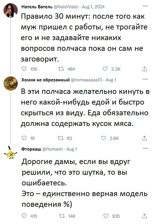 – Правило 30 минут: после того как муж пришёл с работы, не трогайте его и не задавайте никаких вопросов полчаса пока он сам не заговорит.
– В эти полчаса желательно кинуть в него какой-нибудь едой и быстро скрыться из виду. Еда обязательно должна содержать кусок мяса.
– Дорогие дамы, если вы вдруг решили, что это шутка, то вы ошибаетесь. Это — единственно верная модель поведения.