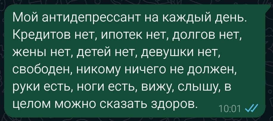 Мой антидепрессант на каждый день. Кредитов нет, ипотек нет, долгов нет, жены нет, детей нет, девушки нет, свободен, никому ничего не должен, руки есть, ноги есть, вижу, слышу, в целом можно сказать здоров.