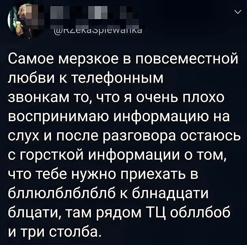 Самое мерзкое в повсеместной любви к телефонным звонкам то, что я очень плохо воспринимаю информацию на слух и после разговора остаюсь с горсткой информации о том, что тебе нужно приехать в бллюлблблблб к блнадцати блцати, там рядом ТЦ обллбоб и три столба.