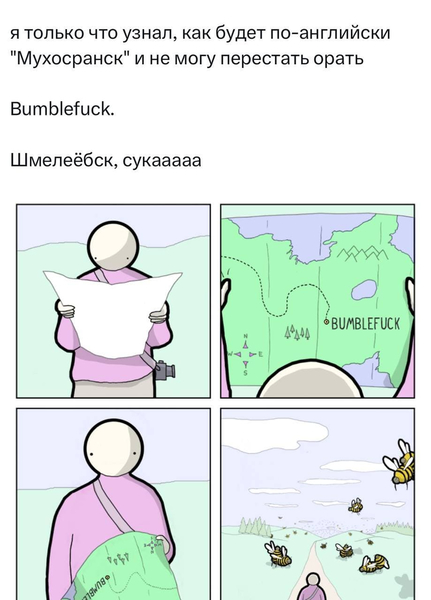 Я только что узнал, как будет по-английски «Мухосранск» и не могу перестать орать
Bumblefuck.
Шмелейобск, сукааааа...

К слову, у немцев — Хинтертупфинген, это что-то вроде «Подальшезапиханск».
А вот у сербов и хорватов - Vukojebina, где «вук» значит волк, а вторая часть слова значит то, что значит.
Простите наш французский.