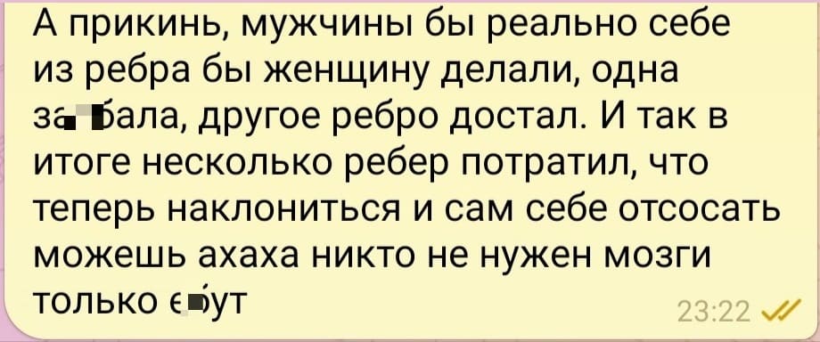 А прикинь, мужчины бы реально себе из ребра бы женщину делали, одна за**ала, другое ребро достал. И так в итоге несколько рёбер потратил, что теперь наклониться и сам себе отсосать можешь ахаха никто не нужен мозги только еб*т.