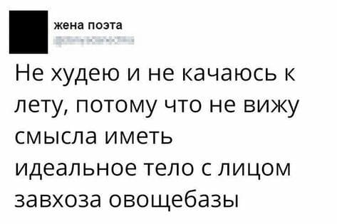 Не худею и не качаюсь к лету, потому что не вижу смысла иметь идеальное тело с лицом завхоза овощебазы.