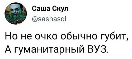 Но не очко обычно губит,
А гуманитарный ВУЗ.