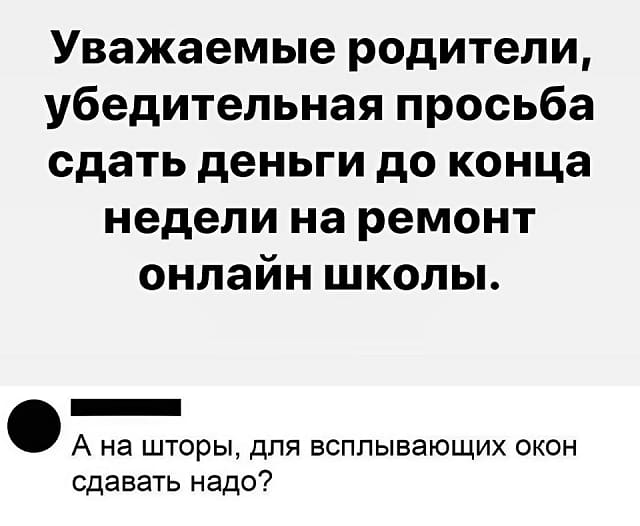 *Уважаемые родители, убедительная просьба сдать деньги до конца недели на ремонт онлайн школы*
– А на шторы, для всплывающих окон сдавать надо?