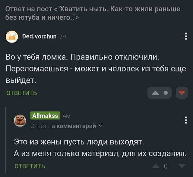 Ответ на пост «Хватить ныть. Как-то жили раньше без ютуба и ничего..»
– Во у тебя ломка. Правильно отключили. Переломаешься — может и человек из тебя еще выйдет.
– Это из жены пусть люди выходят. А из меня только материал, для их создания.