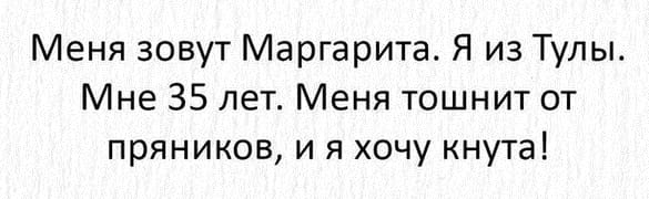 Меня зовут Маргарита. Я из Тулы. Мне 35 лет. Меня тошнит от пряников, и я хочу кнута!