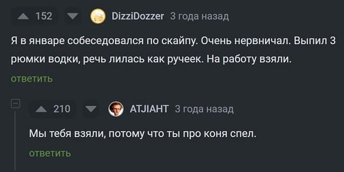 – Я однажды в январе собеседовался по скайпу. Сильно нервничал. В итоге выпил три рюмки водки, речь лилась словно ручеёк. На работу меня взяли.
– Мы тебя взяли, потому что ты про коня спел.