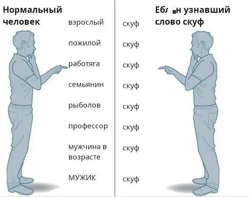 *Нормальный человек и е6л*н узнавший слово скуф*
взрослый — скуф
пожилой — скуф
работяга — скуф
семьянин — скуф
рыболов — скуф
профессор — скуф
мужчина в возрасте — скуф
МУЖИК — скуф