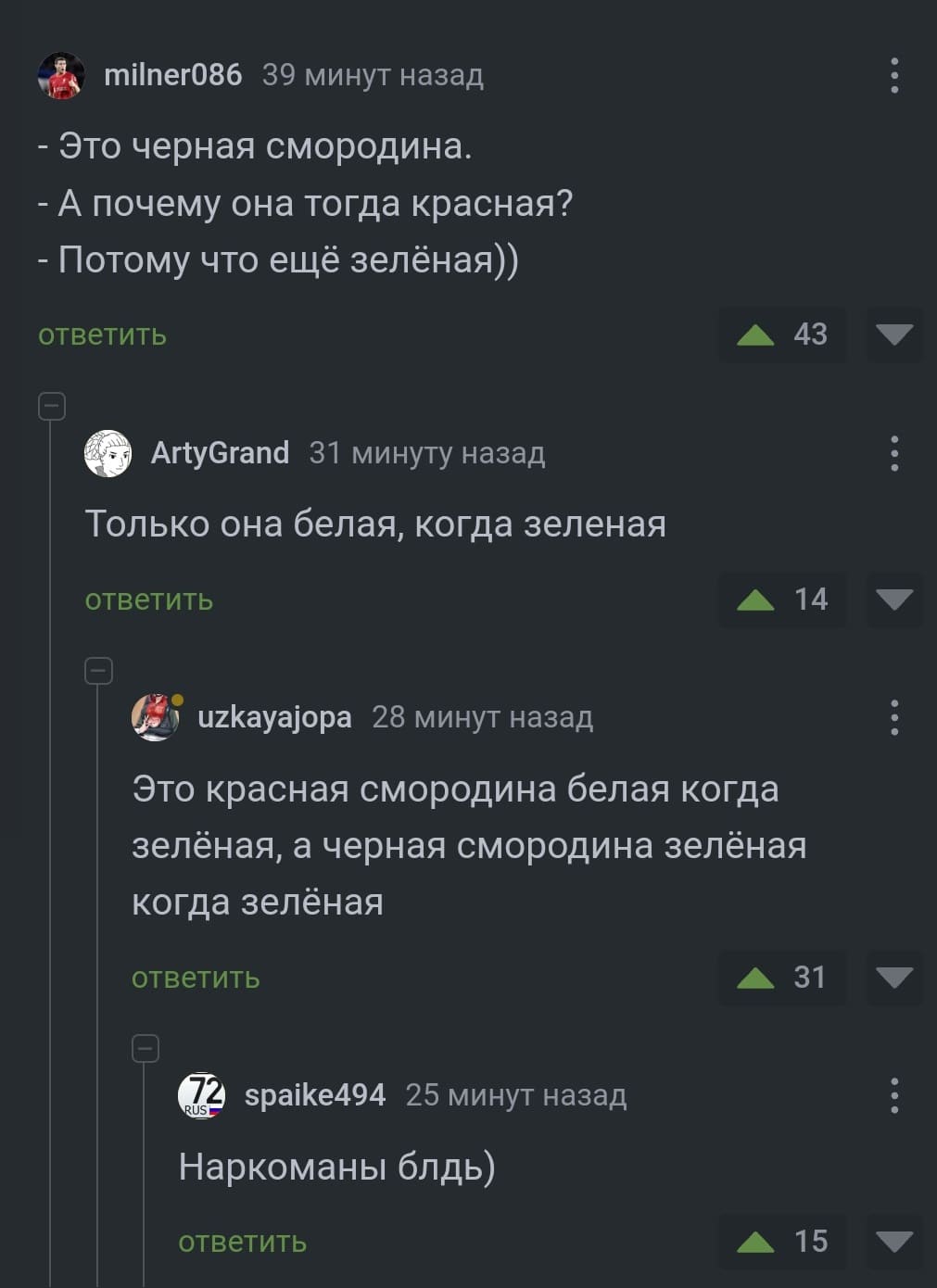 – Это черная смородина. – А почему она тогда красная? – Потому что ещё зелёная))
– Только она белая, когда зёленая.
– Это красная смородина белая когда зелёная, а черная смородина зелёная когда зелёная.
– Наркоманы блдь)