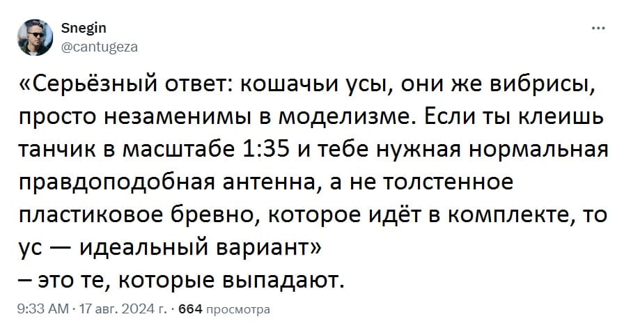 «Серьёзный ответ: кошачьи усы, они же вибрисы, просто незаменимы в моделизме. Если ты клеишь танчик в масштабе 1:35 и тебе нужная нормальная правдоподобная антенна, а не толстенное пластиковое бревно, которое идёт в комплекте, то ус — идеальный вариант»
– это те, которые выпадают.